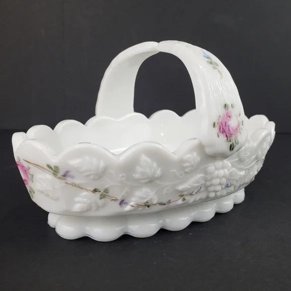 Westmoreland Milk Glass Basket Roses and Blue Vine Grapes Candy Dish Vintage - Picture 3 of 16
